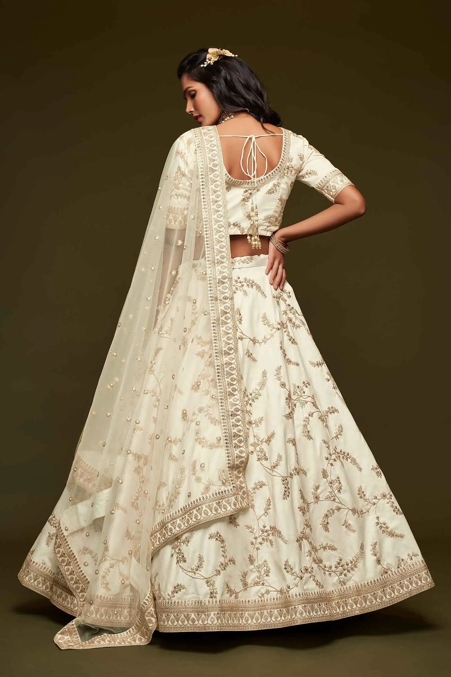 White Silk Lehenga Choli With Thread Zari Dori And Sequins Embroidery Work