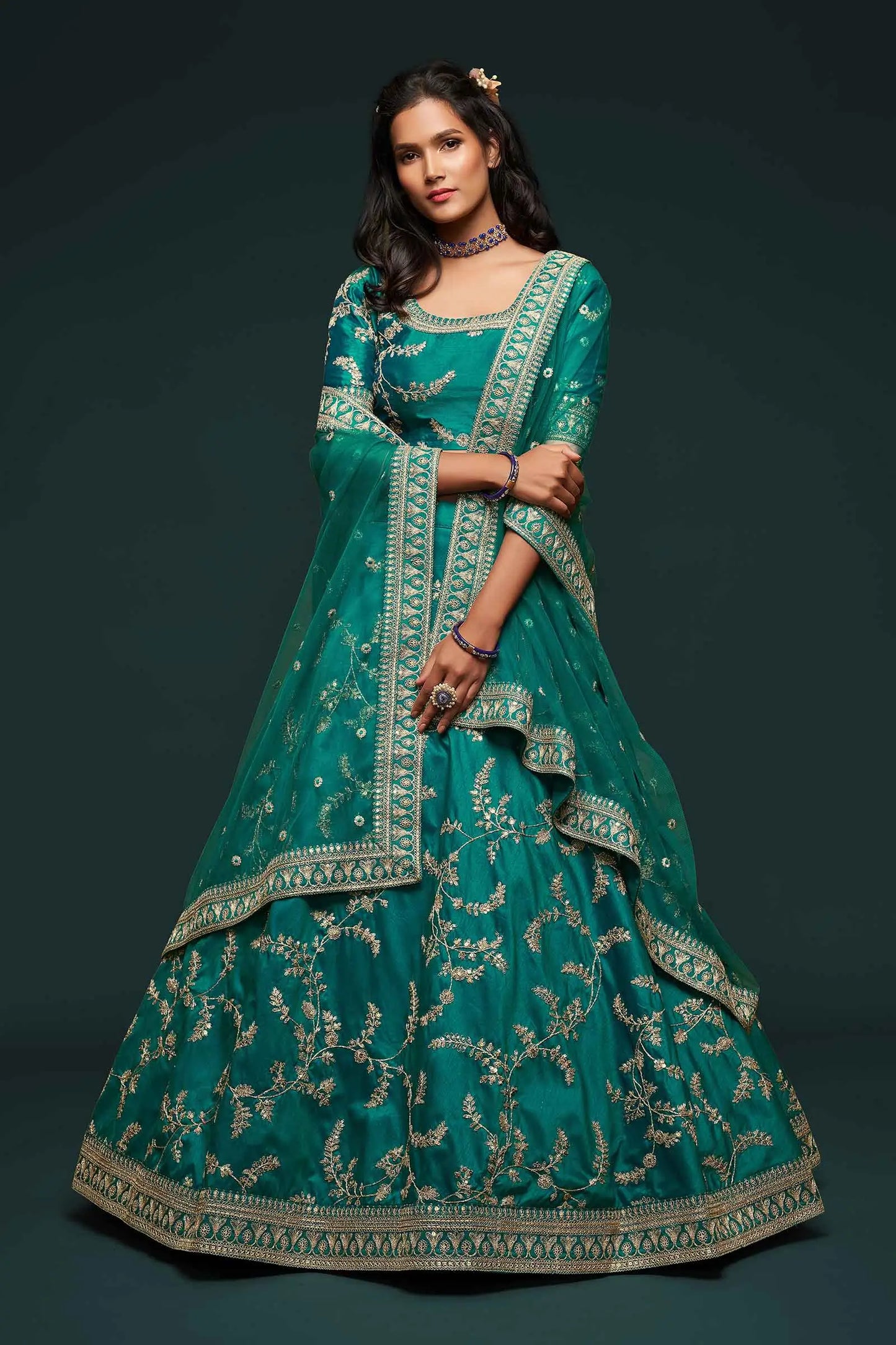 Dark Aqua Green Silk Lehenga Choli With Thread Zari Dori And Sequins Embroidery Work
