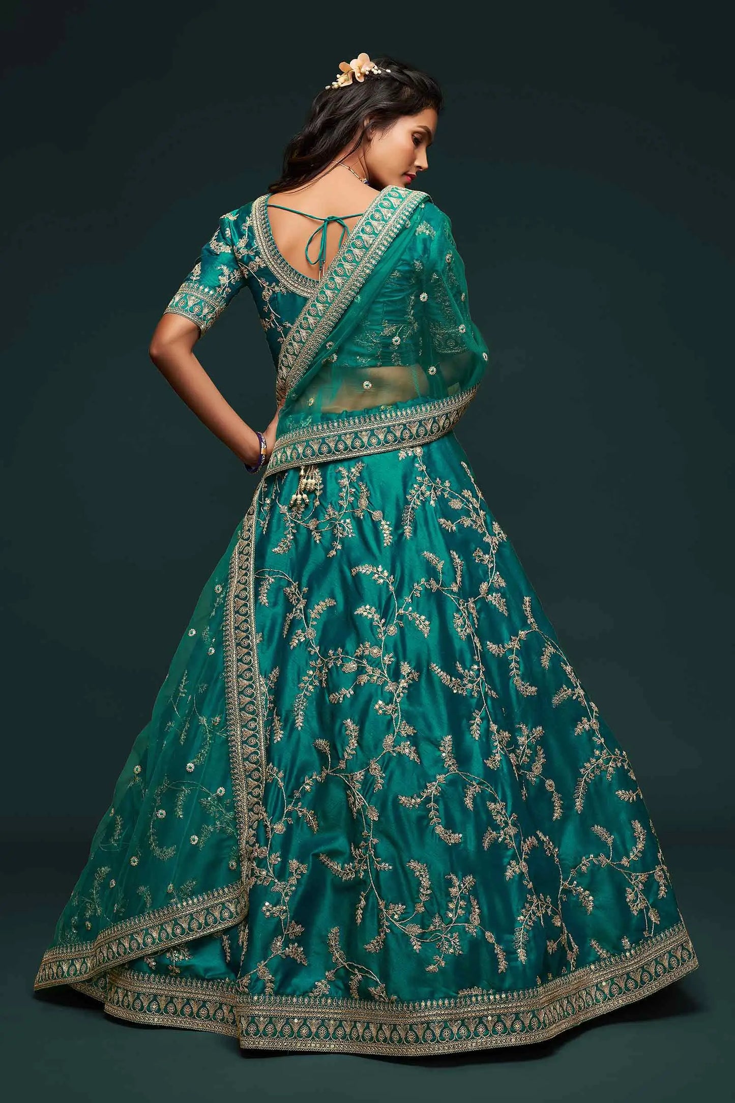 Dark Aqua Green Silk Lehenga Choli With Thread Zari Dori And Sequins Embroidery Work