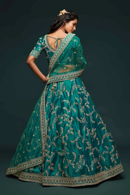 Dark Aqua Green Silk Lehenga Choli With Thread Zari Dori And Sequins Embroidery Work