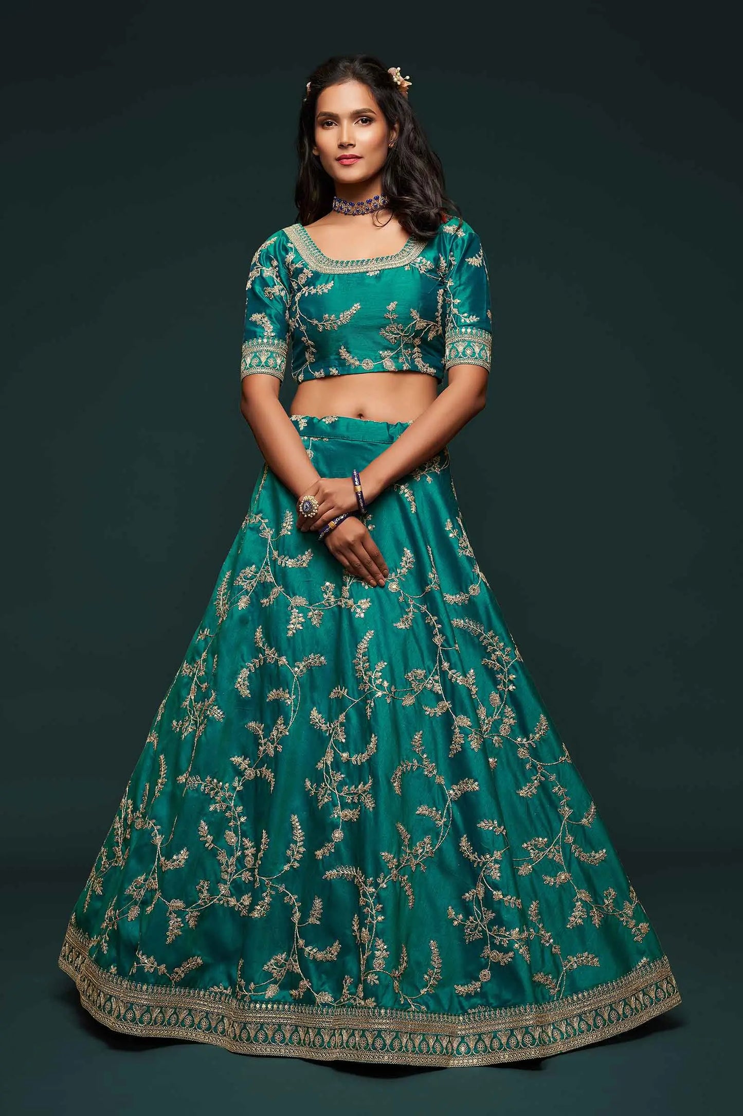 Dark Aqua Green Silk Lehenga Choli With Thread Zari Dori And Sequins Embroidery Work