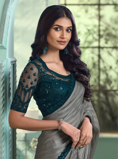 Grey Georgette Silk Party Wear Saree With Sequence & Thread Embroidery Work
