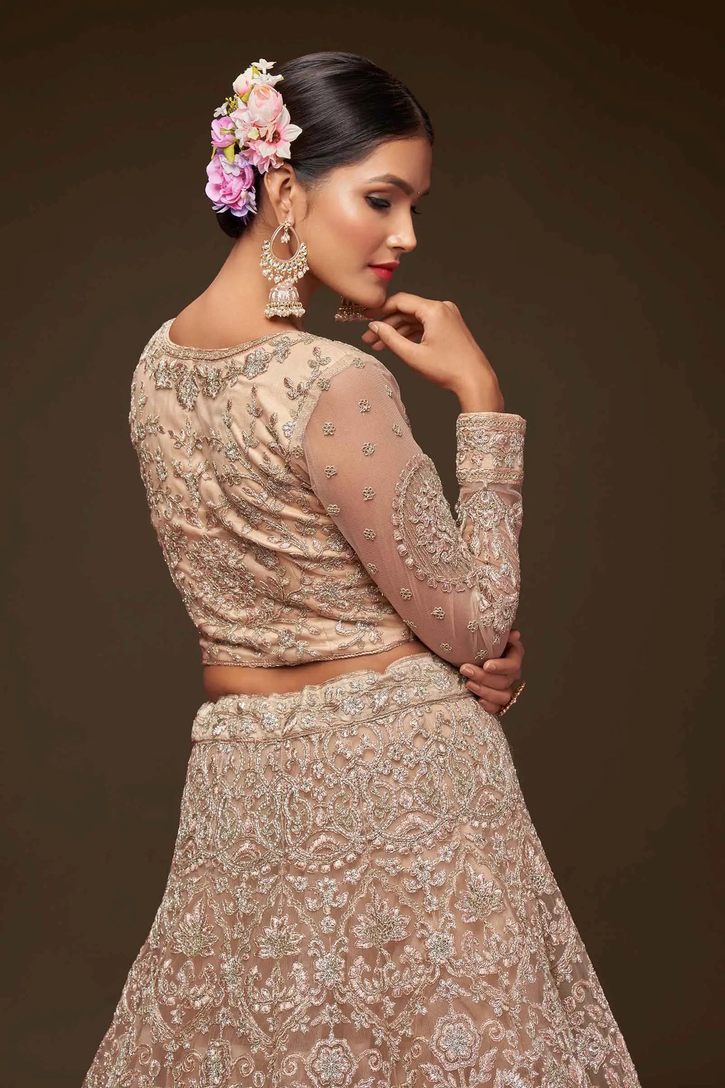 Royal Beige Soft Net Lehenga With Thread Zari Badla And Glitter Dori Embroidery Work