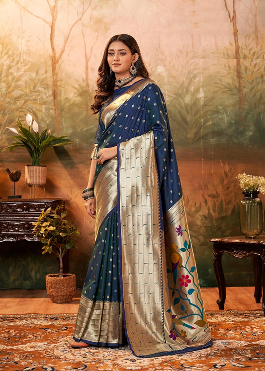 Teal Blue  Paithani Silk Saree with Woven Border & Pallu