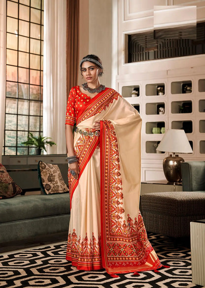 Beige Handloom Silk Saree with Patola Print & Tassel Pallu