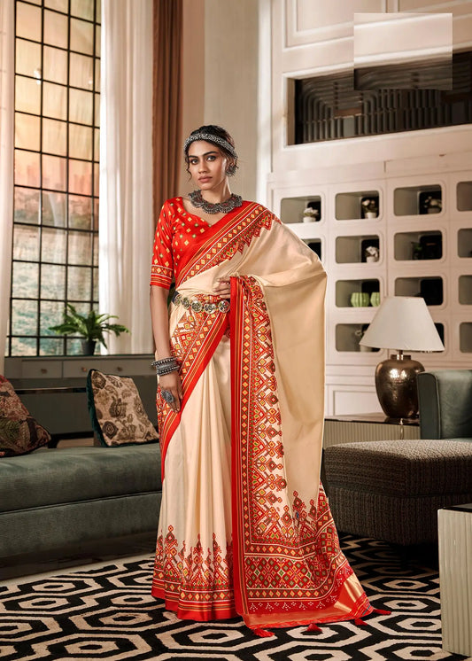 Beige Handloom Silk Saree with Patola Print & Tassel Pallu