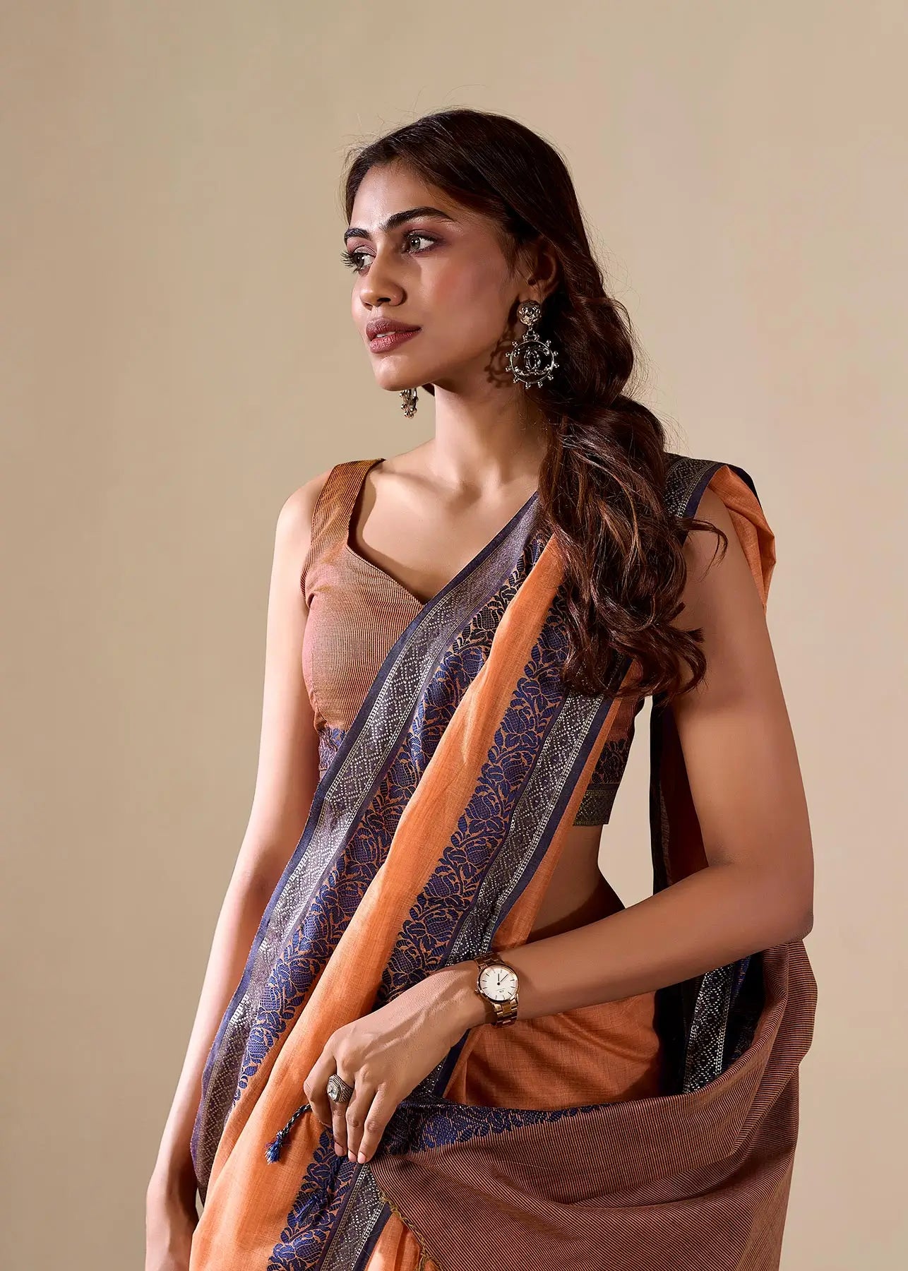 Dusty Orange  Handloom Silk Saree With Contarast Border