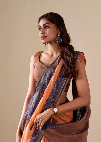 Dusty Orange  Handloom Silk Saree With Contarast Border