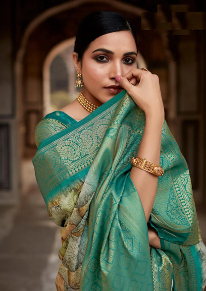 Teal Green Handloom Silk Saree  With Digital Print Zari Border