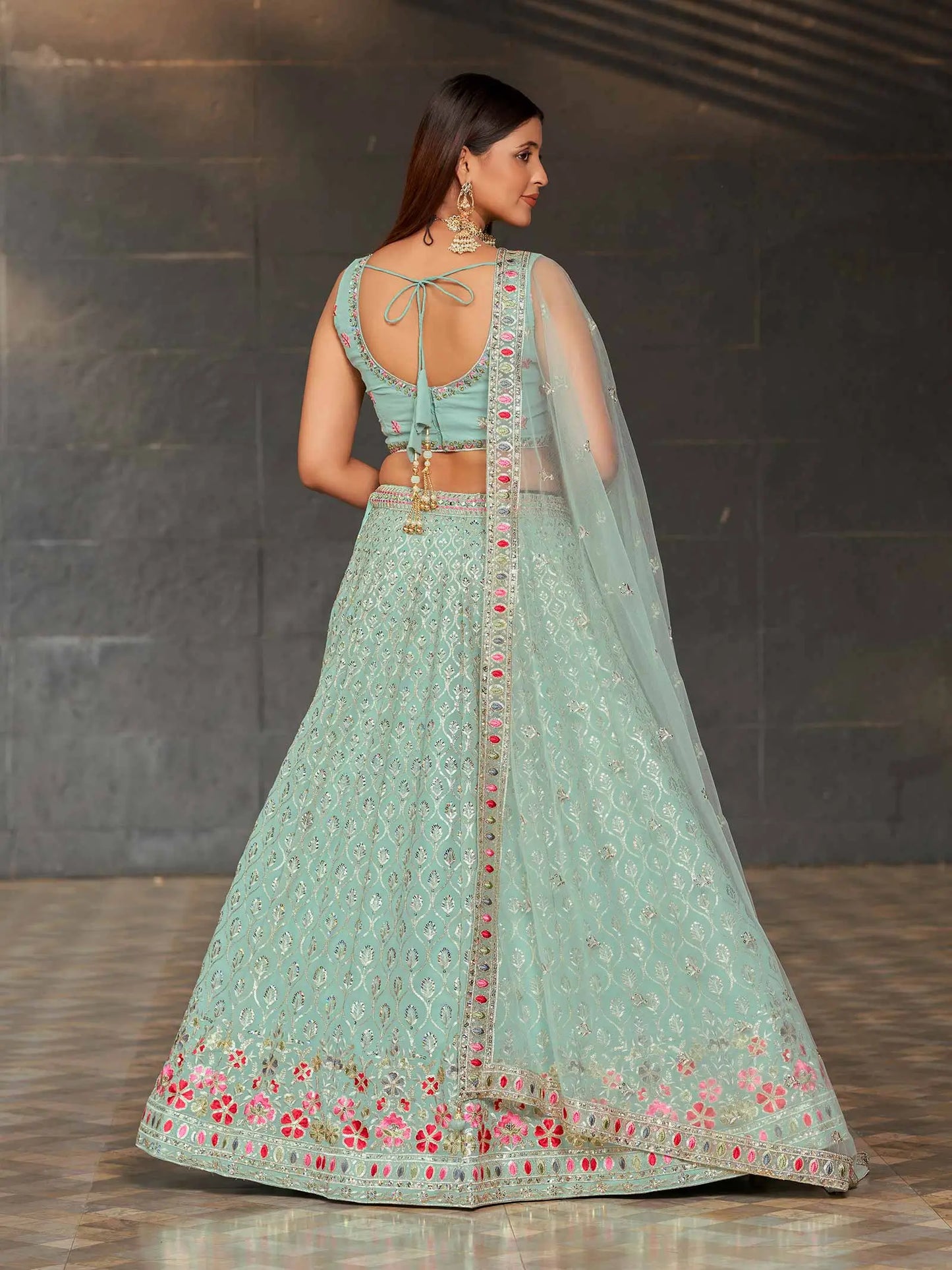 Summer Green Georgette Lehenga With Multi Color Thread Zari Sequins Embroidery Work