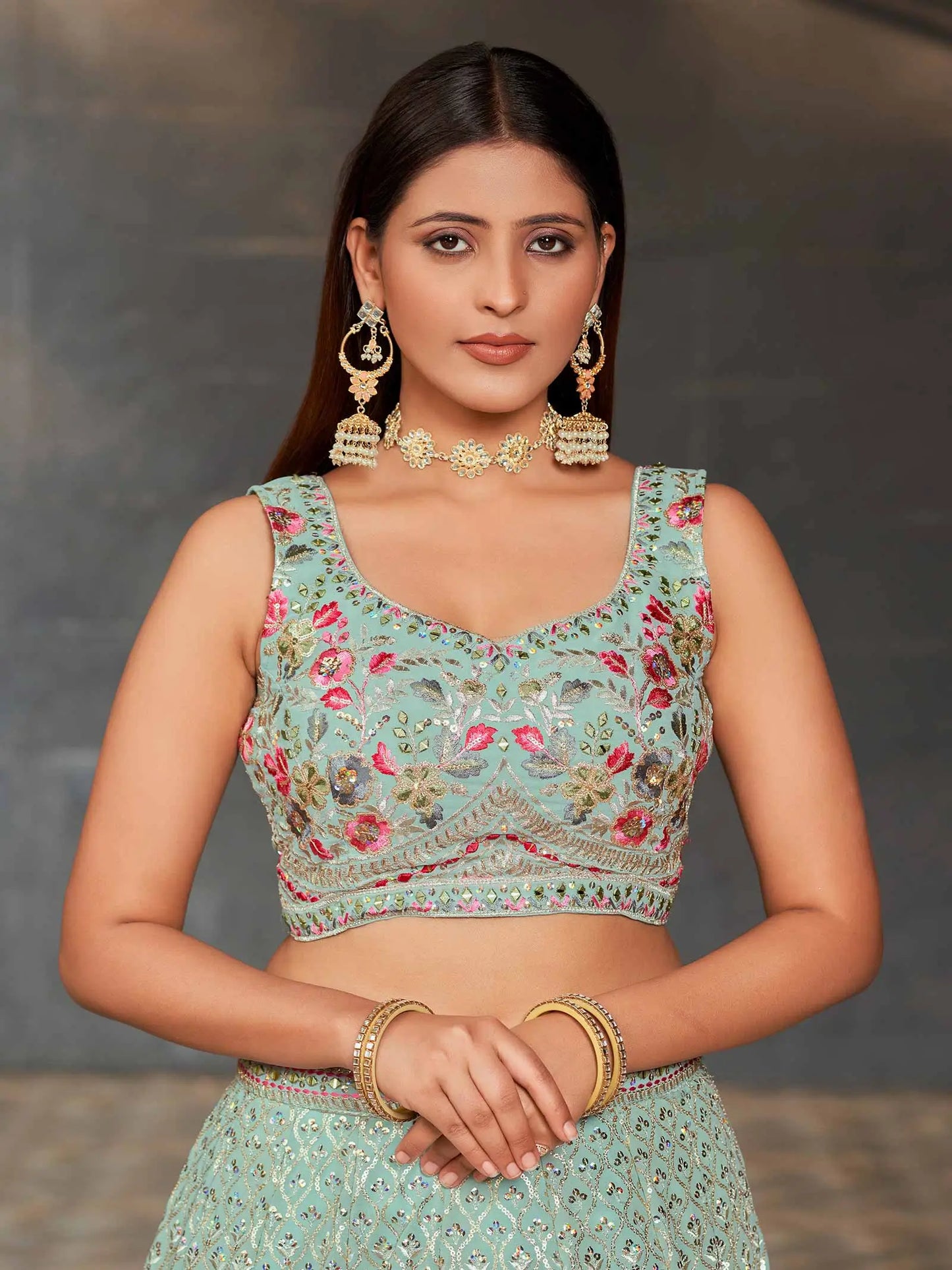 Summer Green Georgette Lehenga With Multi Color Thread Zari Sequins Embroidery Work