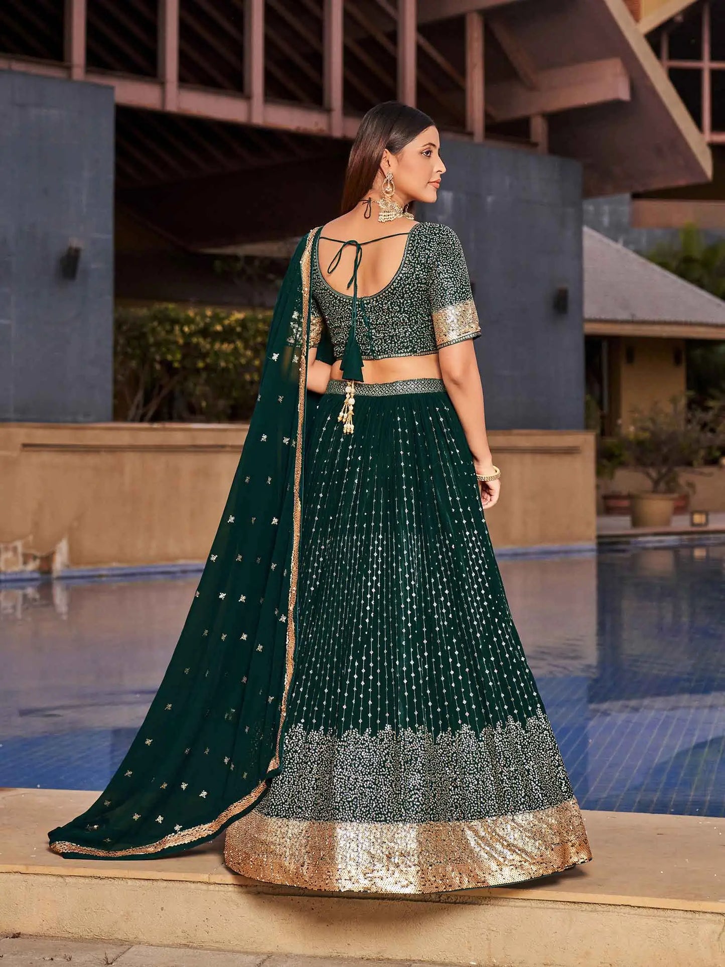 Green Georgette Lehenga With Multiple Sequins  And Thread Embroidery Work