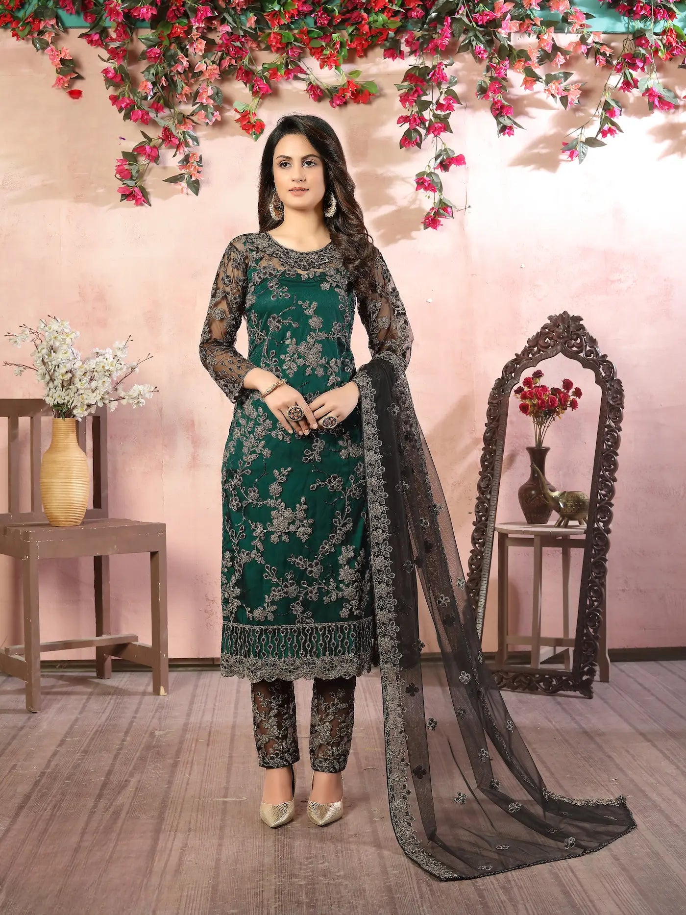 Green Net Thread & Sequence Embroidery Work Salwar Suit