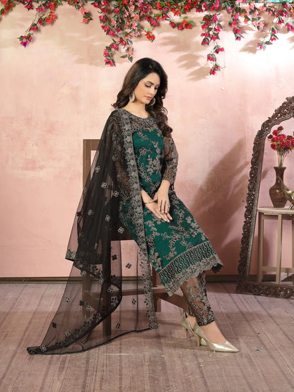 Green Net Thread & Sequence Embroidery Work Salwar Suit