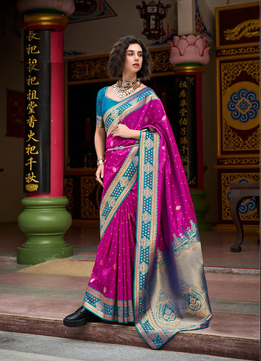 Rani Pink Soft Silk Saree with Banarasi Zari Weaving & Contrast Border