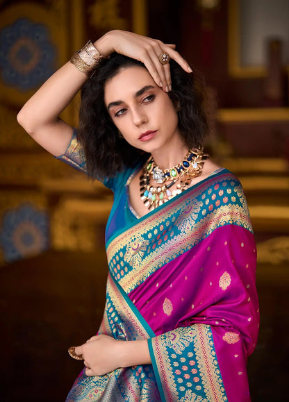 Rani Pink Soft Silk Saree with Banarasi Zari Weaving & Contrast Border