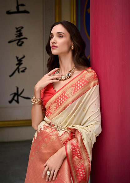 Beige Soft Silk Saree with Banarasi Zari Weaving & Contrast Border