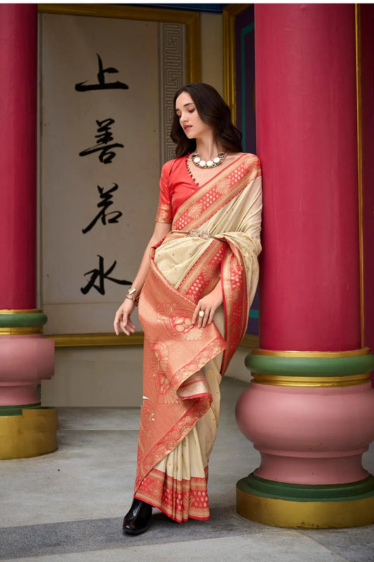 Beige Soft Silk Saree with Banarasi Zari Weaving & Contrast Border