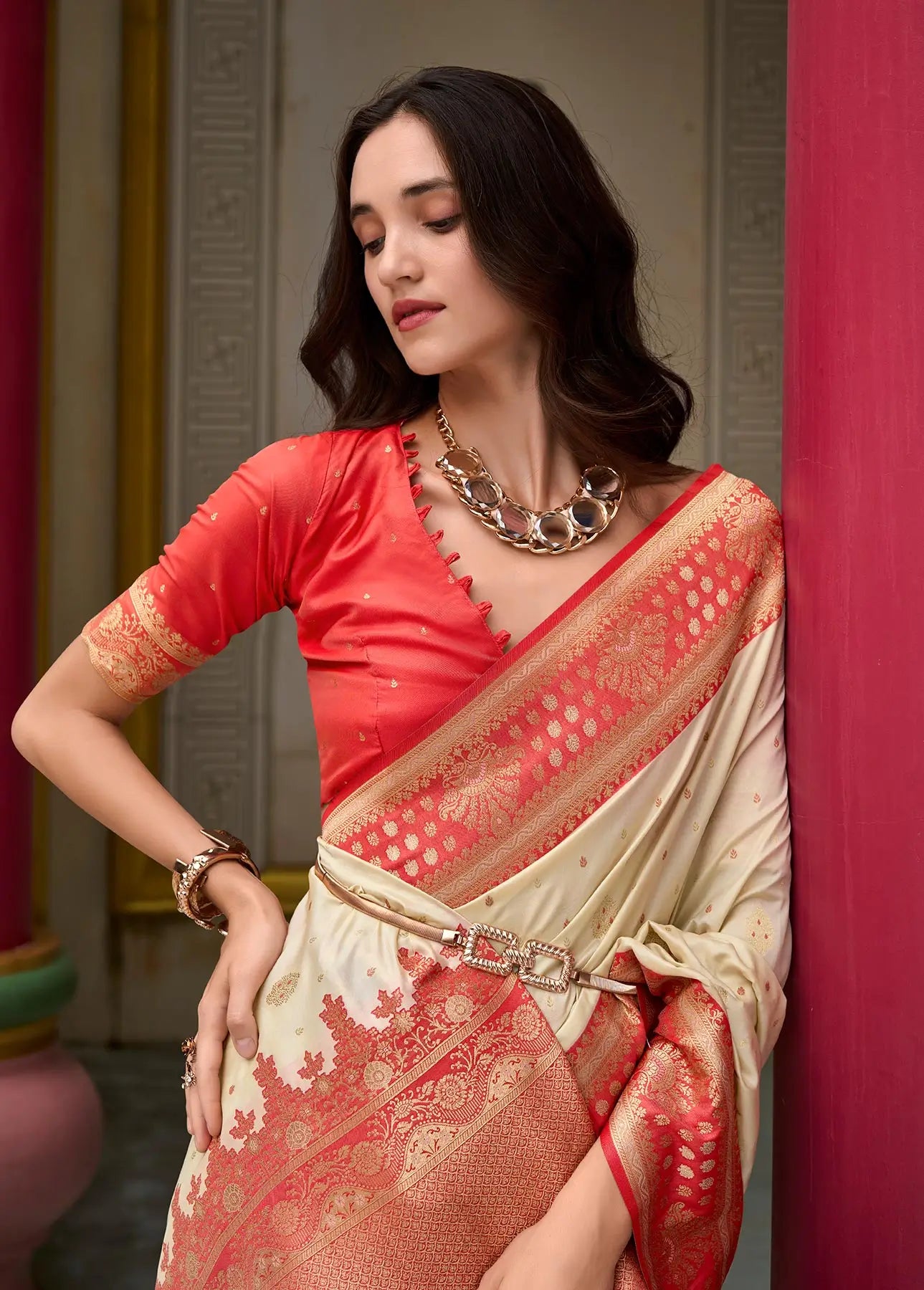 Beige Soft Silk Saree with Banarasi Zari Weaving & Contrast Border
