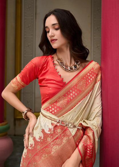 Beige Soft Silk Saree with Banarasi Zari Weaving & Contrast Border