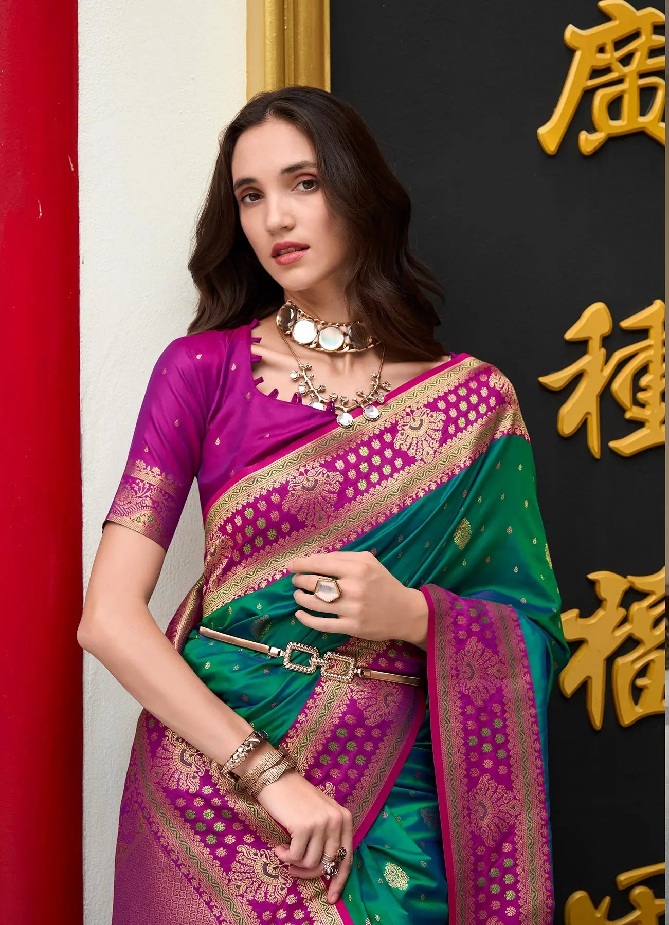 Dark Green Silk Saree with Banarasi Zari Weaving & Contrast Border