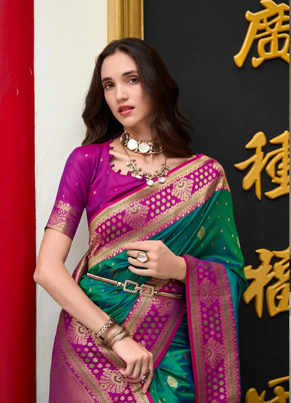 Dark Green Silk Saree with Banarasi Zari Weaving & Contrast Border