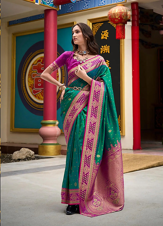 Dark Green Silk Saree with Banarasi Zari Weaving & Contrast Border