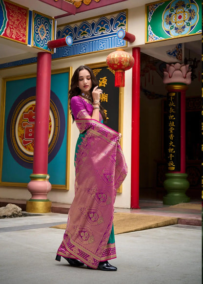 Dark Green Silk Saree with Banarasi Zari Weaving & Contrast Border