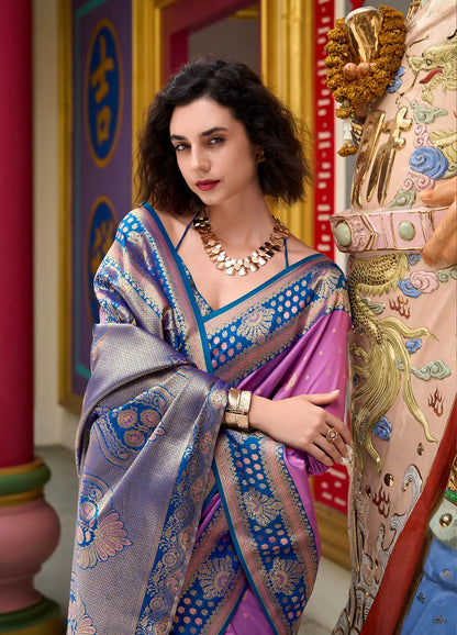 Lavender Silk Saree with Banarasi Zari Weaving & Contrast Border
