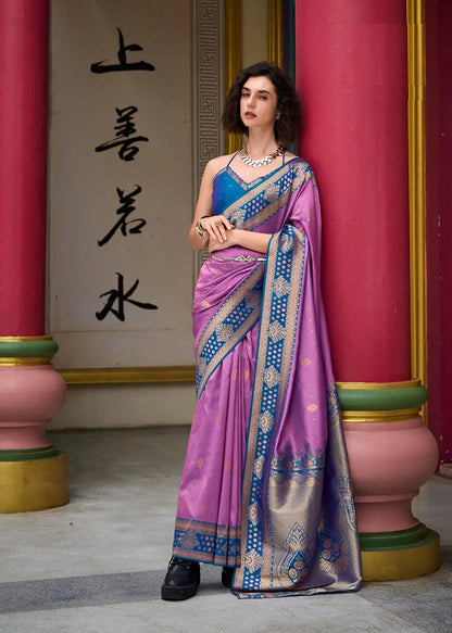 Lavender Silk Saree with Banarasi Zari Weaving & Contrast Border