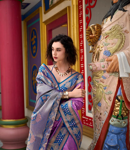 Lavender Silk Saree with Banarasi Zari Weaving & Contrast Border