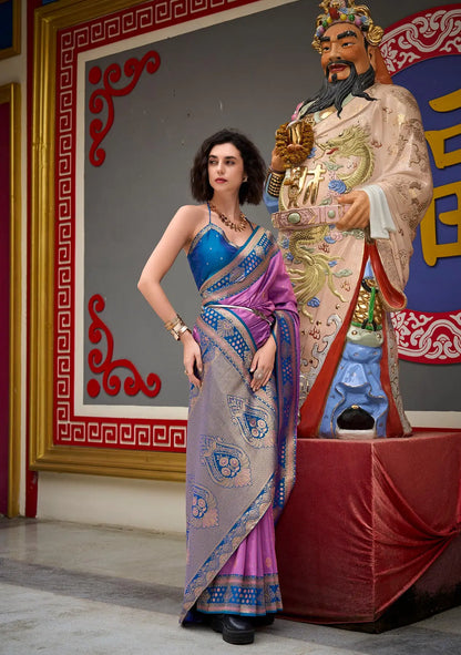 Lavender Silk Saree with Banarasi Zari Weaving & Contrast Border