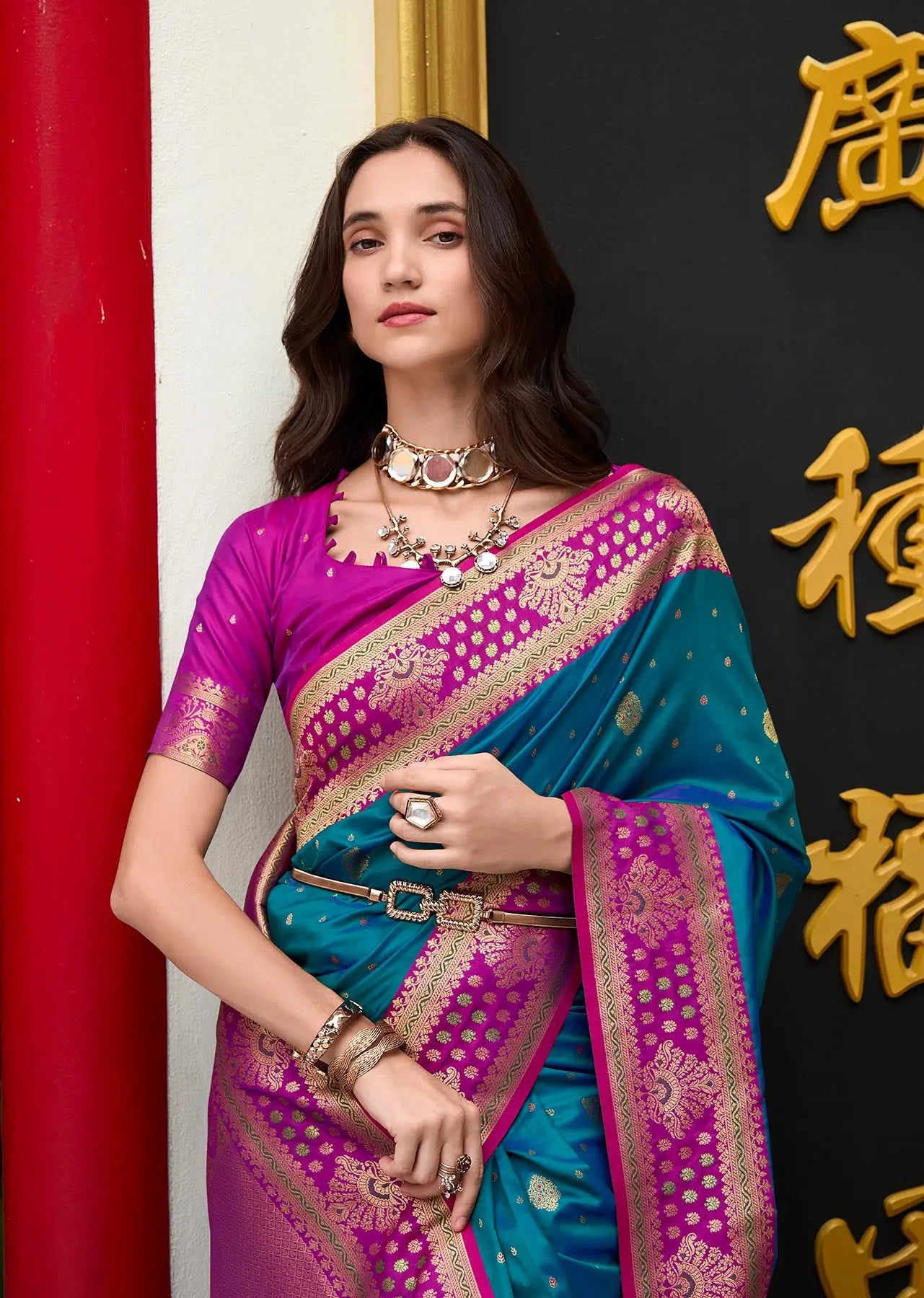 Blue Silk Saree with Banarasi Zari Weaving & Contrast Border