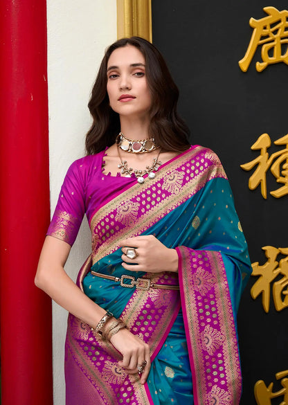 Blue Silk Saree with Banarasi Zari Weaving & Contrast Border