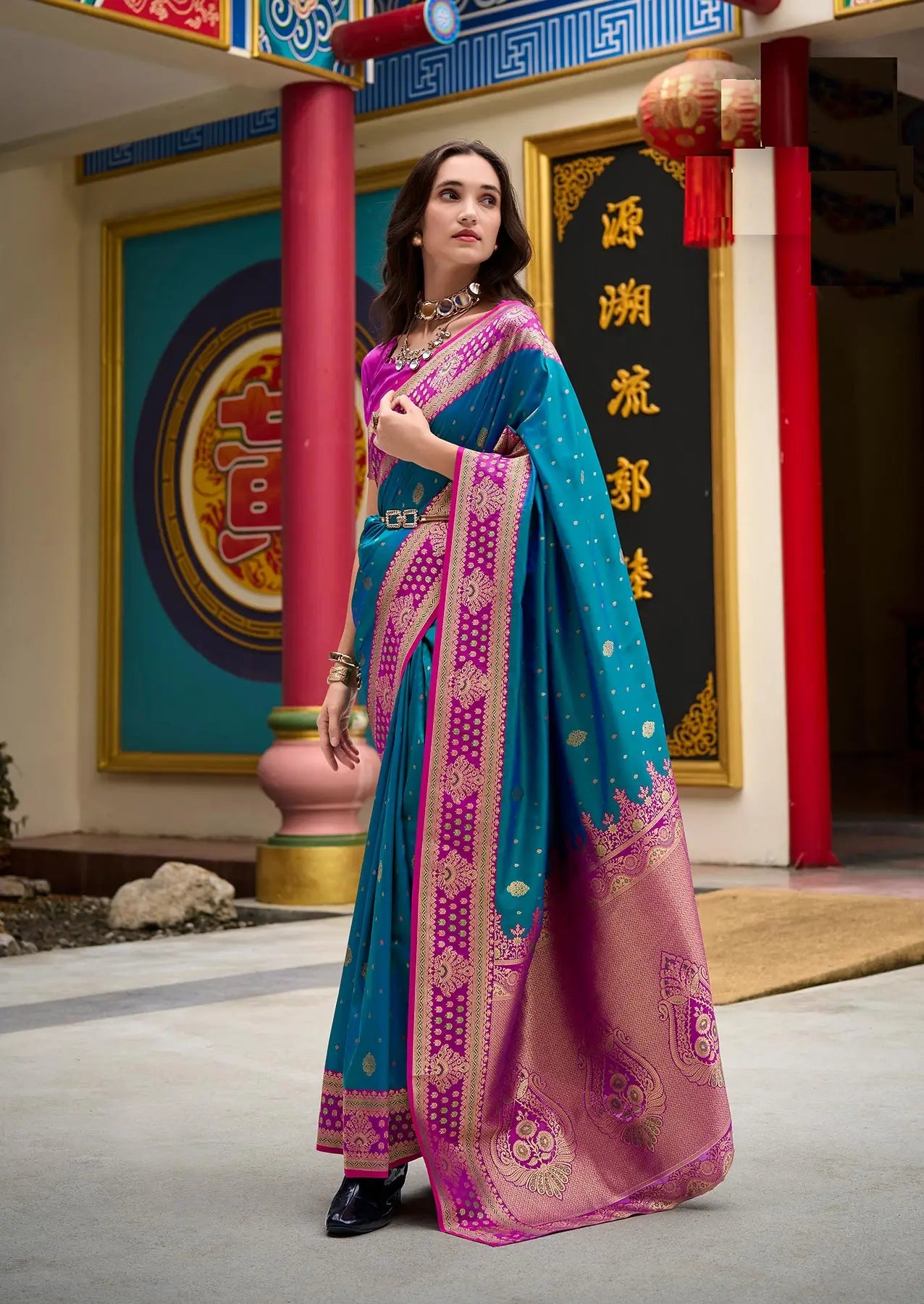 Blue Silk Saree with Banarasi Zari Weaving & Contrast Border
