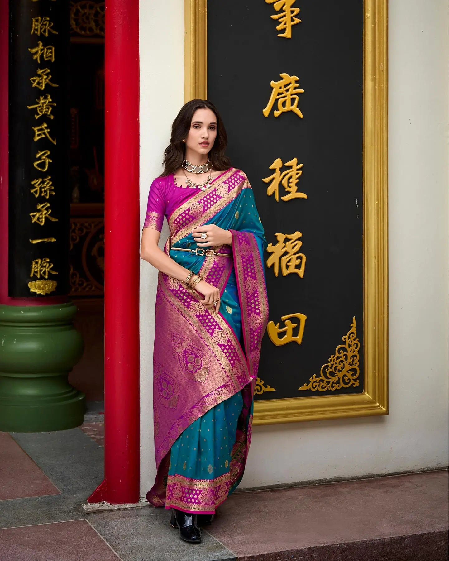 Blue Silk Saree with Banarasi Zari Weaving & Contrast Border