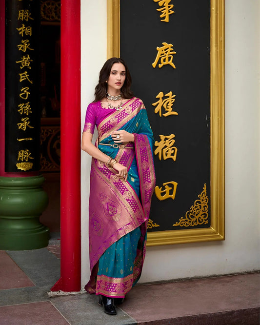 Blue Silk Saree with Banarasi Zari Weaving & Contrast Border