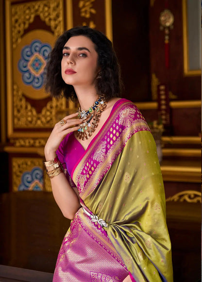 Green Silk Saree with Banarasi Zari Weaving & Contrast Border