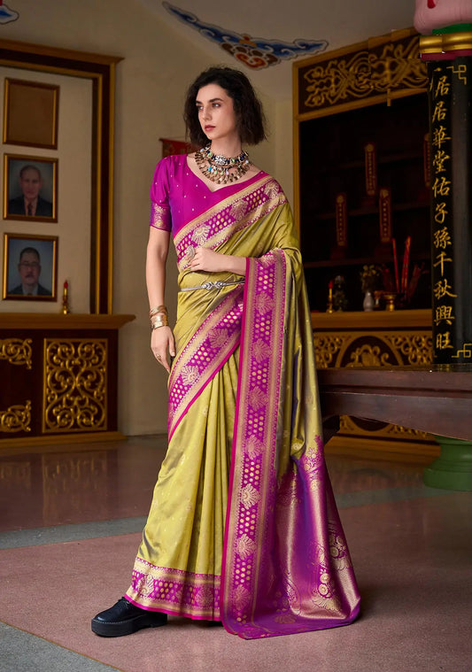Green Silk Saree with Banarasi Zari Weaving & Contrast Border