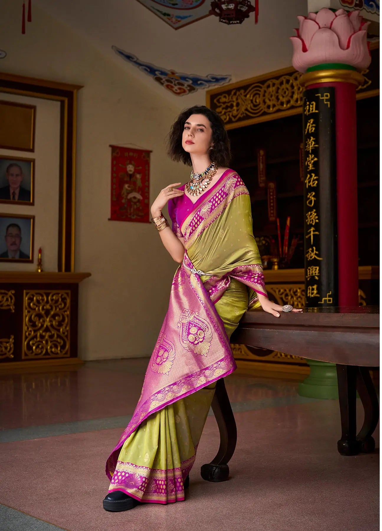 Green Silk Saree with Banarasi Zari Weaving & Contrast Border