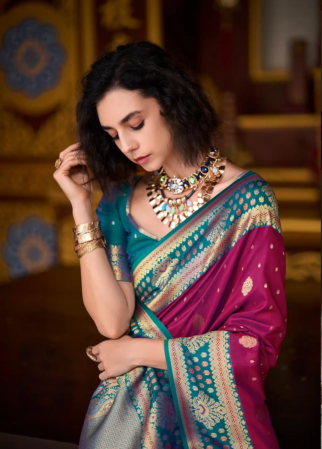 Maroon  Silk Saree with Banarasi Zari Weaving & Contrast Border