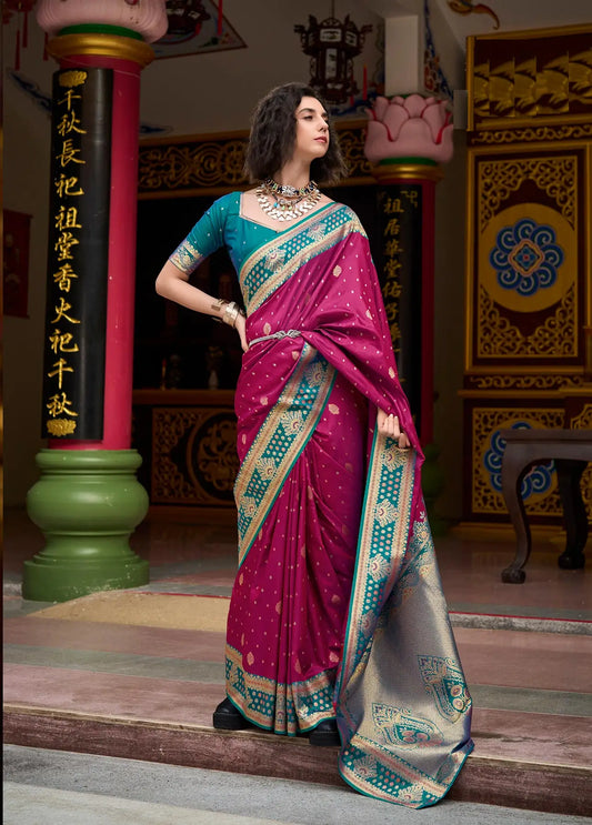 Maroon  Silk Saree with Banarasi Zari Weaving & Contrast Border