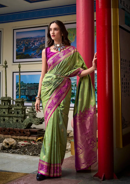 Green Silk Saree with Banarasi Zari Weaving & Contrast Border