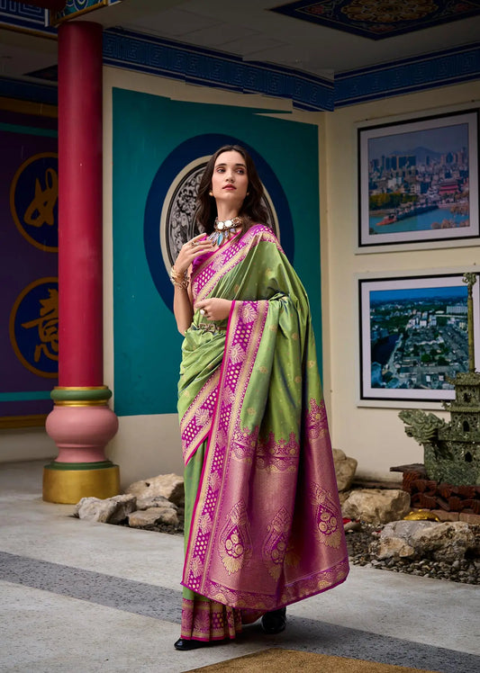 Green Silk Saree with Banarasi Zari Weaving & Contrast Border