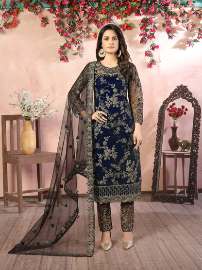 Navy Blue Net Thread & Sequence Embroidery Work Salwar Suit