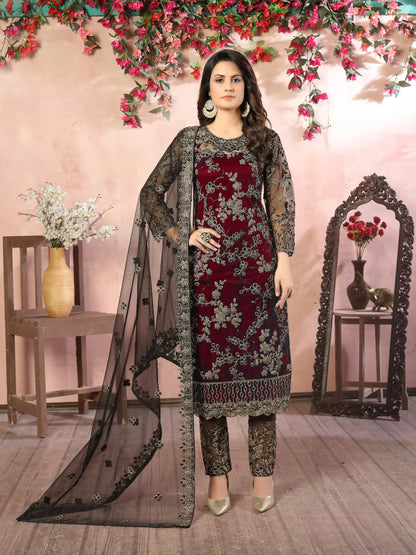 Maroon Net Thread & Sequence Embroidery Work Salwar Suit