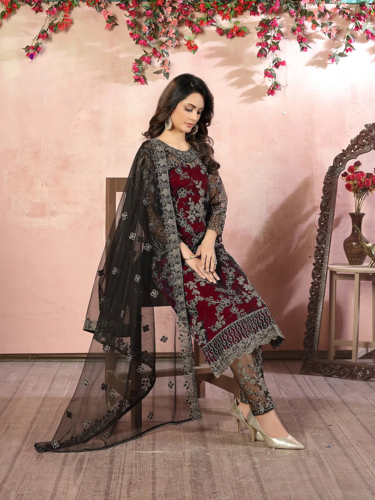 Maroon Net Thread & Sequence Embroidery Work Salwar Suit