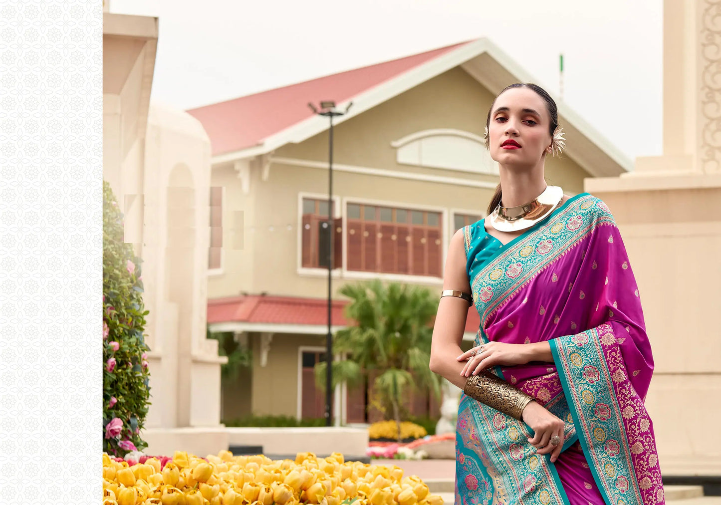 Rani Pink Pure Banarasi Silk Saree with Zari Weaving & Contrast Border