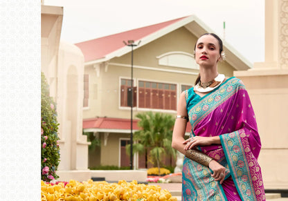 Rani Pink Pure Banarasi Silk Saree with Zari Weaving & Contrast Border