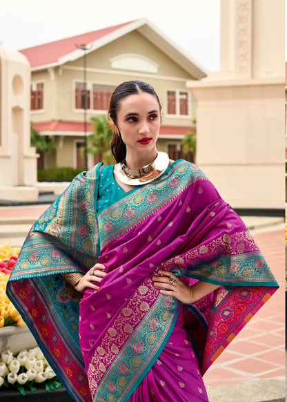 Rani Pink Pure Banarasi Silk Saree with Zari Weaving & Contrast Border
